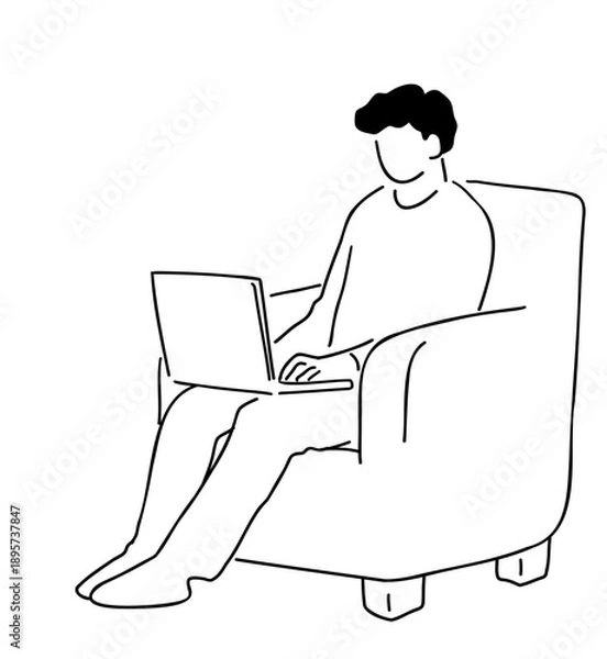 Obraz ソファに座ってパソコンをする男性の線画イラスト