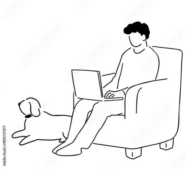 Obraz ソファに座ってパソコンをする男性のそばに犬が座る線画イラスト