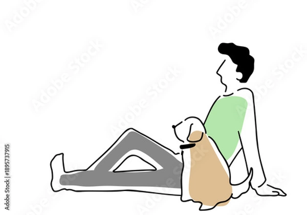 Obraz 犬と一緒に座っている男性の線画イラスト　色付き