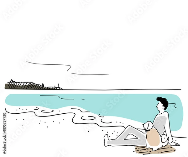Obraz 犬と海岸に座る男性の線画イラスト　色付き