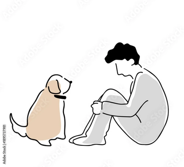 Obraz 膝を抱える男性と犬の線画イラスト　色付き