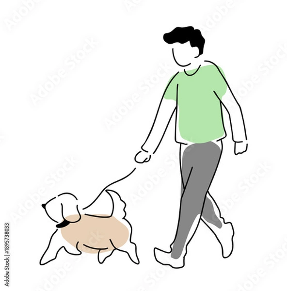 Obraz 犬と散歩中の男性の線画イラスト　色付き