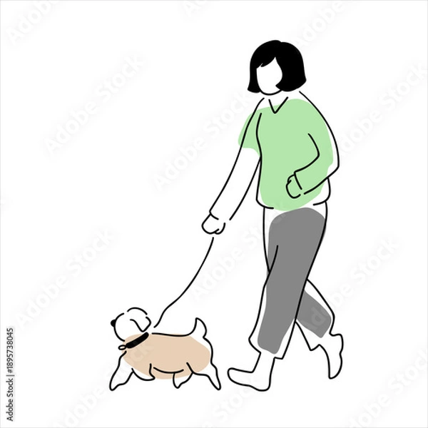 Obraz 犬と散歩中の女性の線画イラスト　色付き