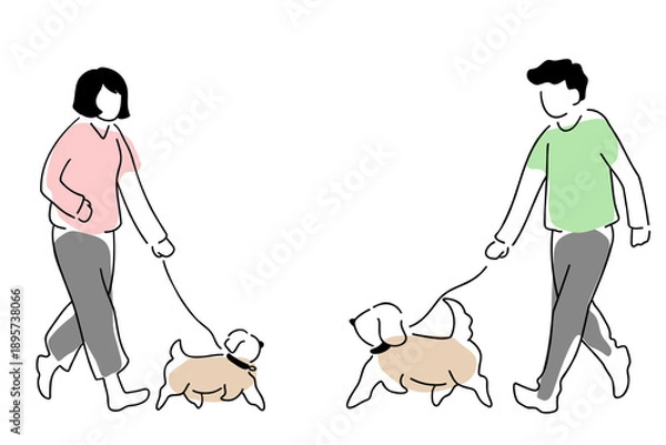 Obraz 犬と散歩する人々の線画イラスト　色付き