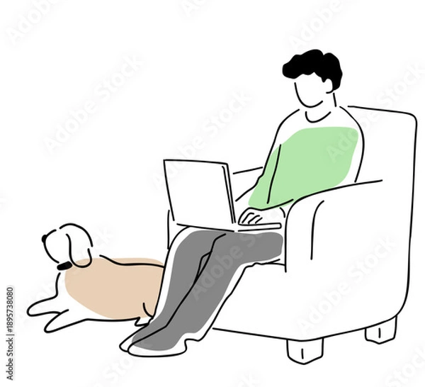 Obraz ソファに座ってパソコンをする男性のそばに犬が座る線画イラスト　色付き