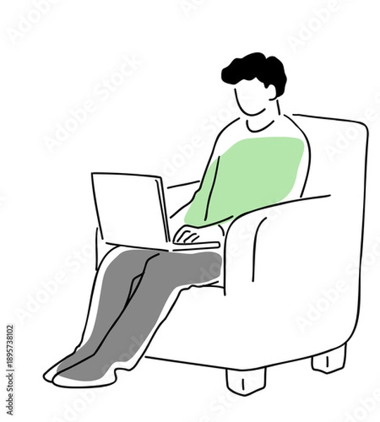 Obraz ソファに座ってパソコンをする男性の線画イラスト　色付き