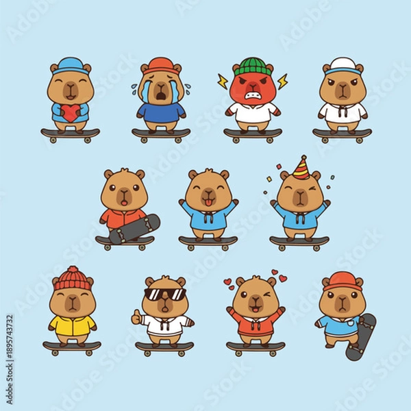Obraz Cute Capybara Skaters with Different Emotions Bundle