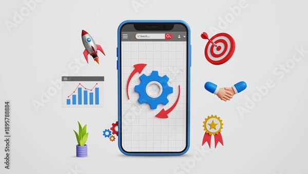 Obraz Improvement and Process Restructuring Updates, Operational Changes, Workflow Optimization, Policy Revision, System Updates, New Process Implementation. 3D Smartphone with Cog for Business Improvements