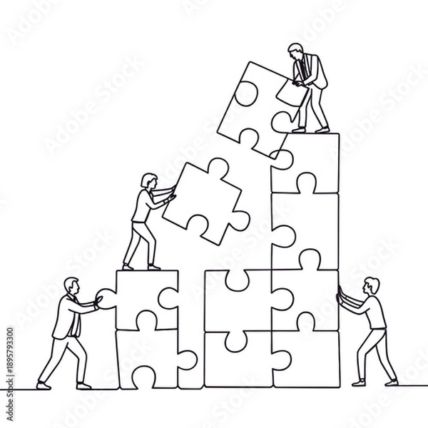 Obraz Teamwork concept people building a structure with interlocking puzzle pieces