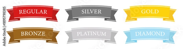 Fototapeta カラフルな階級リボンで構成された会員ランクバッジセット（レギュラー・シルバー・ゴールドほか全6種）