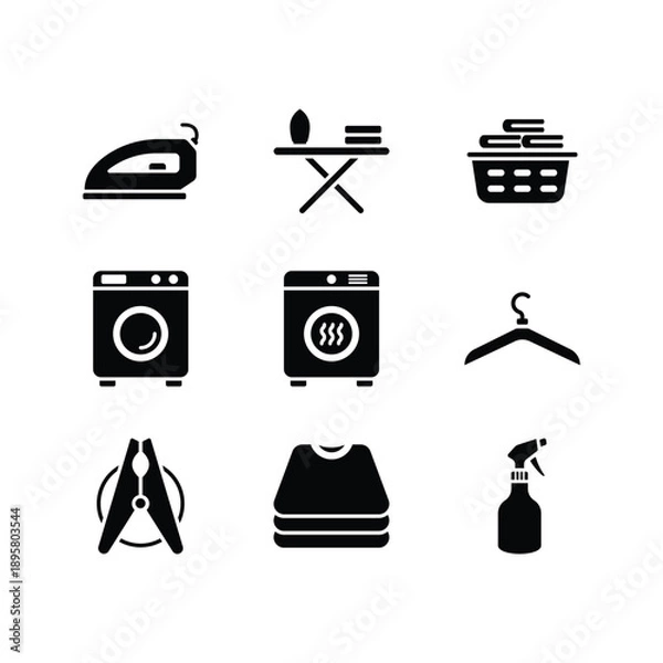 Obraz Laundry service and garment care solid glyph icon set

