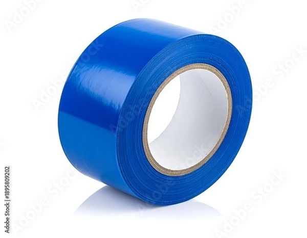 Obraz Glossy blue tape roll, pristine, on a white surface with subtle reflections