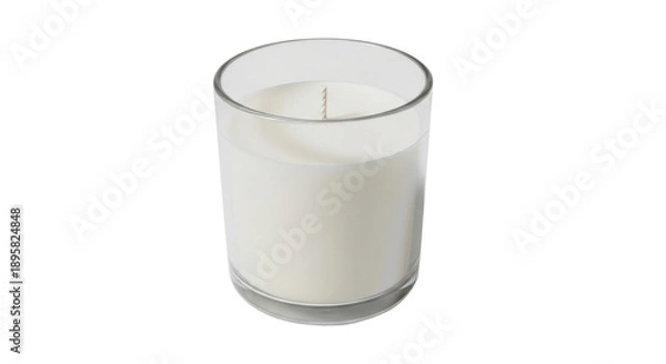Fototapeta 白いアロマキャンドル、ガラス容器入り、上から見たクローズアップ、白背景に分離