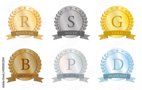 Fototapeta 高級感のある金銀銅プラチナダイヤの円形メダルとリボン付き会員ランクバッジセット（グラデーション・光沢）