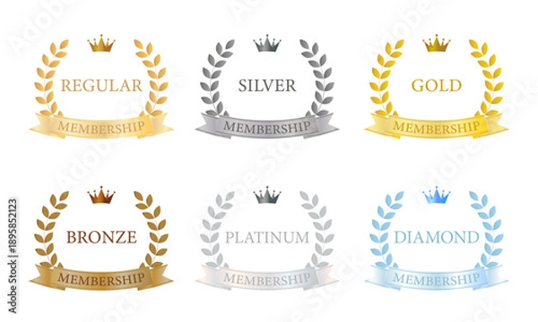 Fototapeta 王冠と月桂冠をあしらったラグジュアリーな会員ランクエンブレム6種セット（ゴールド・シルバー・ブロンズほか）