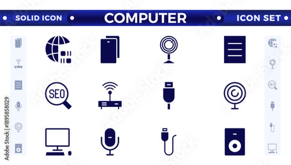 Obraz Computer solid icon set. Containing online, computer, network, website, server, web design, hardware, software, monitor, smartphone, tablet, and laptop, and programming. Solid icons vector collection.