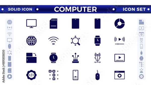 Obraz Computer solid icon set. Containing online, computer, network, website, server, web design, hardware, software, monitor, smartphone, tablet, and laptop, and programming. Solid icons vector collection.