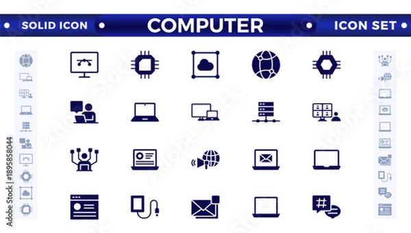 Obraz Computer solid icon set. Containing online, computer, network, website, server, web design, hardware, software, monitor, smartphone, tablet, and laptop, and programming. Solid icons vector collection.