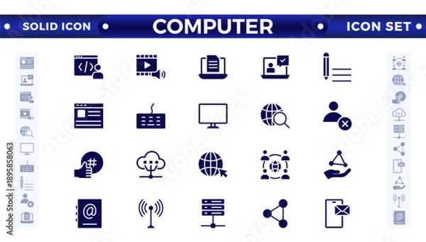 Obraz Computer solid icon set. Containing online, computer, network, website, server, web design, hardware, software, monitor, smartphone, tablet, and laptop, and programming. Solid icons vector collection.