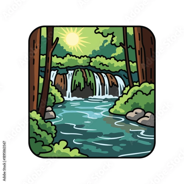 Obraz Waterfall Flowing into River in Forest.