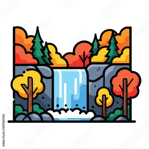 Obraz Waterfall Landscape with Trees and Rocks.