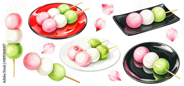 Obraz 花見団子のイラストセット 桜と三色団子の和菓子素材