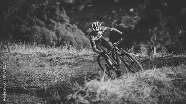 Fototapeta Wide angle view of a mountain biker speeding downhill on a mountain bike track in the woods