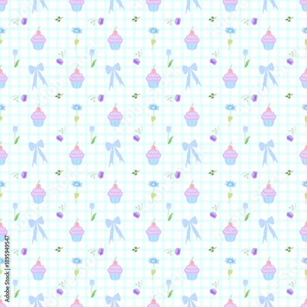 Obraz Seamless pattern with cupcakes  flowers and bow 