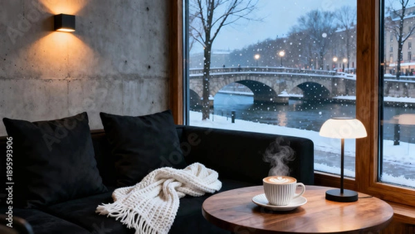 Obraz 冬日街角 咖啡 窗景