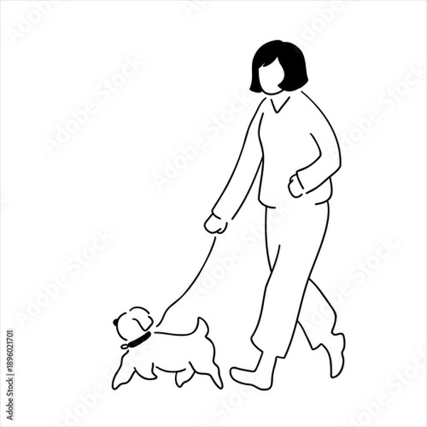 Obraz 犬と散歩中の女性の線画イラスト