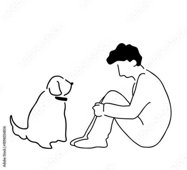 Obraz 膝を抱える男性と犬の線画イラスト