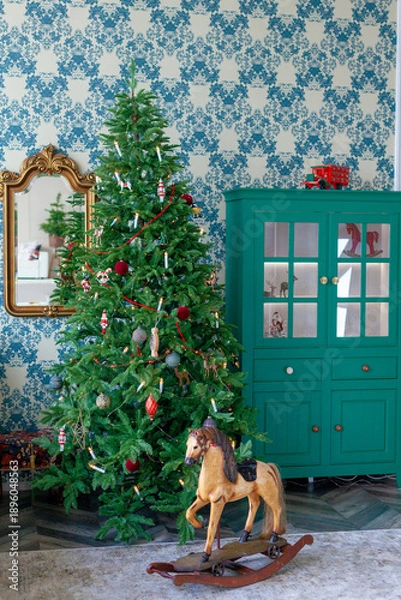 Obraz Christmas decor in a studio with lights