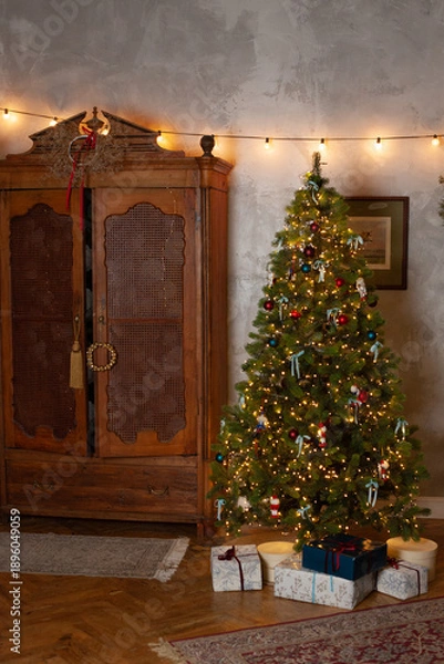 Obraz Christmas decor in a studio with lights