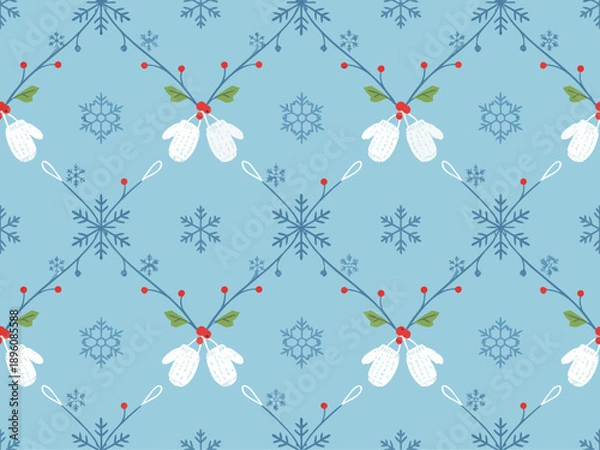 Obraz Seamless Winter Pattern with Snowflakes and Mittens.