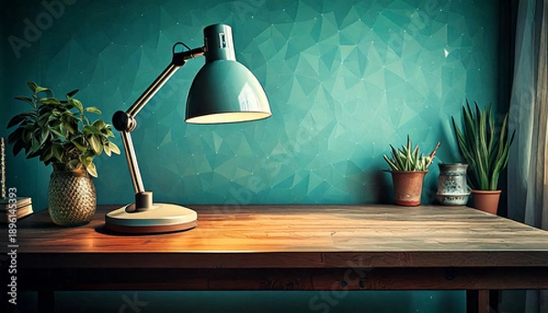 Obraz エメラルドグリーンの壁面の書斎で、デスクの上をやさしく照らすテーブルランプが集中の時間を演出する情景の水彩ポリゴン