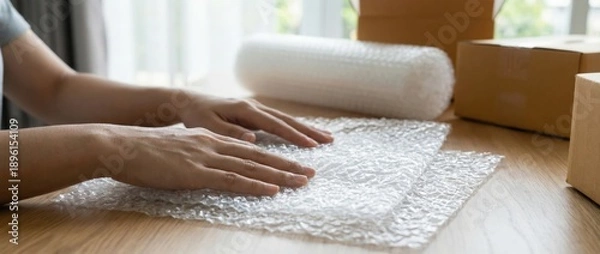 Fototapeta Preparing for shipping using bubble wrap to protect items home office tutorial guide indoor setting close-up view packing essentials