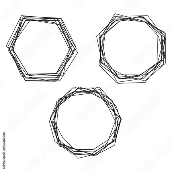 Obraz Sketchy polygon frames. Hand drawn borders. Ink hexagon Vector. Rough outline shapes.