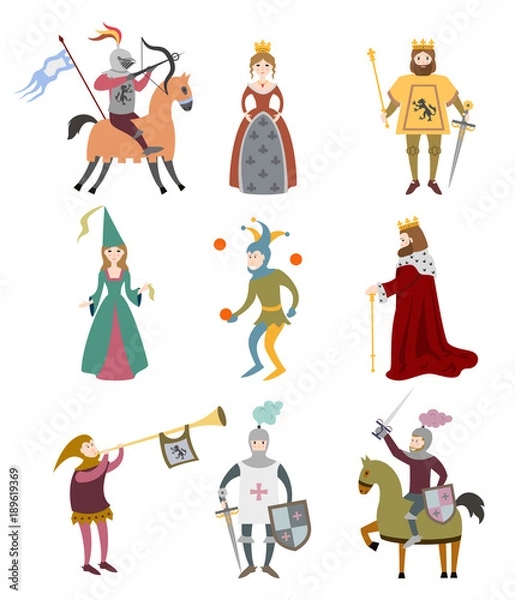 Fototapeta Set of cartoon medieval characters on white background.