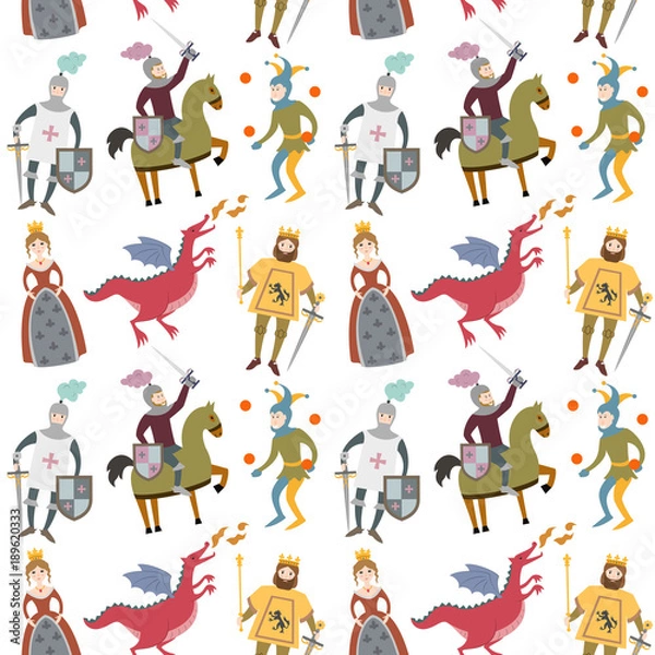 Fototapeta Cartoon pattern with medieval characters on white background. Vector illustration.