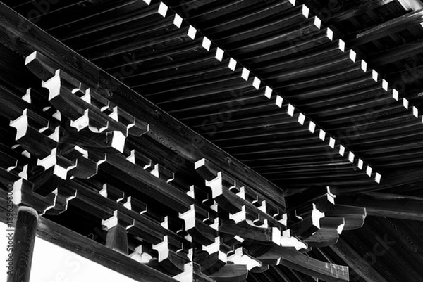 Obraz 日本建築の木組み構造を斜構図で捉えたモノクロ写真