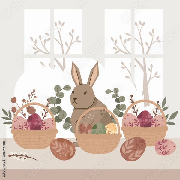Obraz Easter Bunny with Decorated Egg Baskets and Spring Foliage