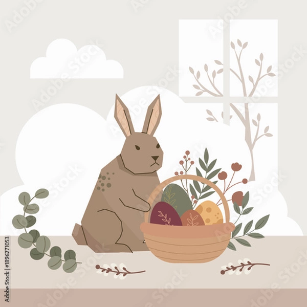Obraz Cute Brown Rabbit with Woven Easter Egg Basket