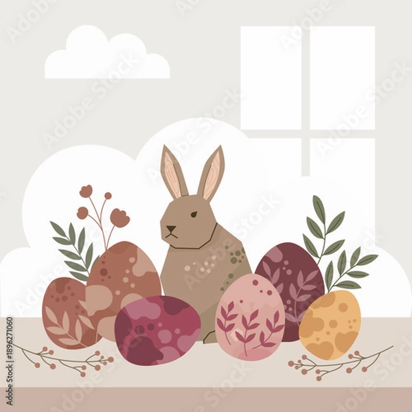 Obraz Minimalist Easter Bunny and Patterned Eggs Illustration