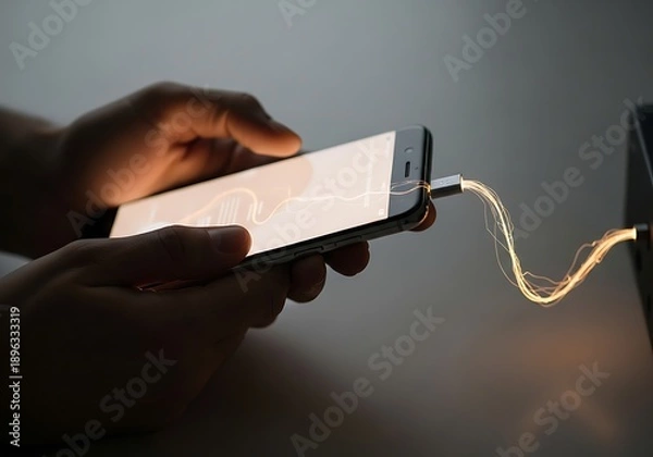 Obraz Person Hands Using Glowing Smartphone While Charging in Low Light