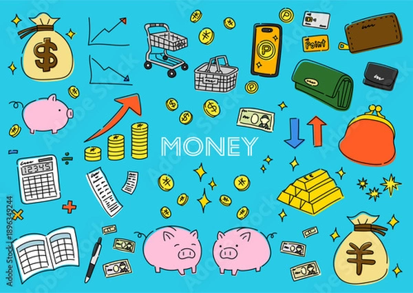 Obraz お金に関係するものの手描きイラストセット	