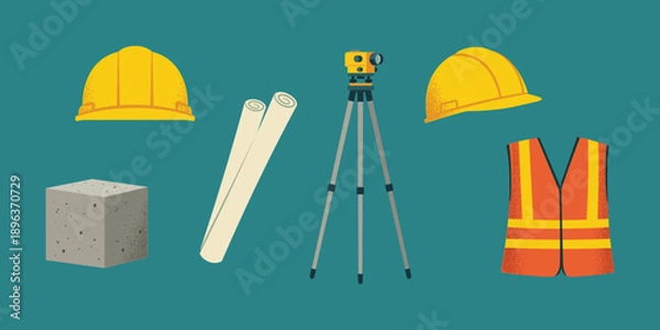Obraz Construction Site Tools and Safety Equipment Vector Set, Engineering Assets
