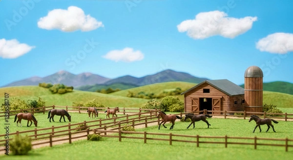 Obraz ミニチュア牧場の馬と納屋、のどかな風景