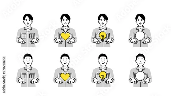 Obraz 作業着の男性が両手でモチーフを支えるイラストセット ハート 電球 空白円