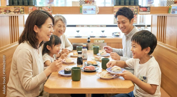 Obraz 日本の回転寿司を楽しむ家族