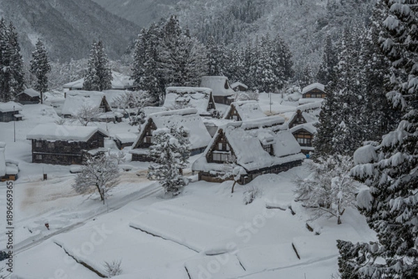 Obraz 越中五箇山相倉合掌造り集落の雪景色